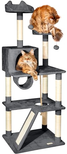 PAITSY XL kattträd, kattklor, sittpinnar, häcka, hängmatta, bollar, sisalpelare, plysch, höjd 150 cm, mörkgrå, 5 års garanti.
