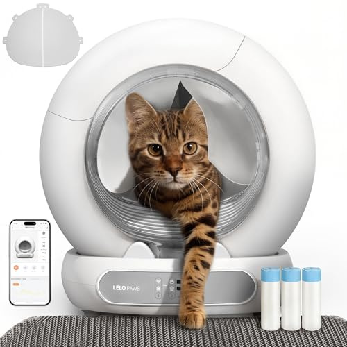 LELO PAWS Selbstreinigende Katzentoilette mit Türvorhang, 65L+9L Katzenklo Selbstreinigend mit Müllbeutel, Matte, APP Steuerung, Desodorieren, Elektrisches Katzenklo für Mehrere Katzen, Silber