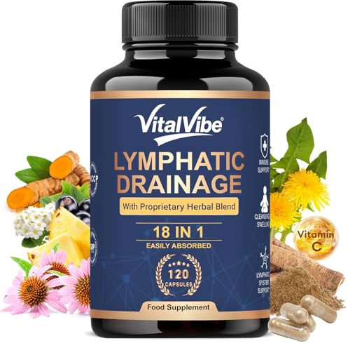 Lymphatic Drainage Tablets & Water Retention, 18-in-1 Herbal Complex with Dandelion Root, Burdock Root & Echinacea,Liver Detox & Immune Support with Vitamin C, D3 & Zinc, 120 Vegan Capsules