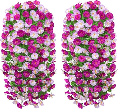 Weldomcor 2PCS Artificial Hanging Flowers for Outdoor, UV Resistant Fake Hanging Plant Morning Glory Trailing Vines Silk Flowers Spring Summer Decor for Home Wedding Garden Porch Patio (Fuchsia Pink)