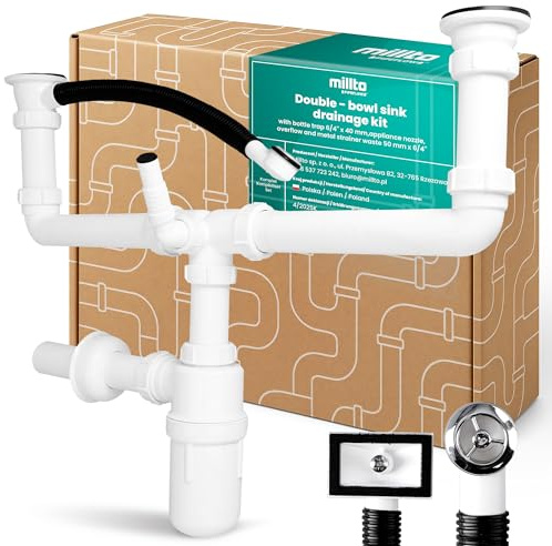 Millto Sifón Doble Para Fregadero De Dos Cubetas 6/4'' 40 mm Botella Cierre Anti Olor Conexión Lavavajillas Lavadora Drenaje Plástico Criba Metal Cocina Instalación Sólida