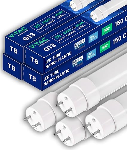 V-TAC 4x Tubi LED 150 CM - attacco G13-20W - [CHIP CREE LED - ALTE PERFORMANCE] - 2100 Lumen - Tubi LED per Soffitto, Parete, Garage - Tubo LED forma T8 - Sostituzione Neon - Luce Calda 3000K