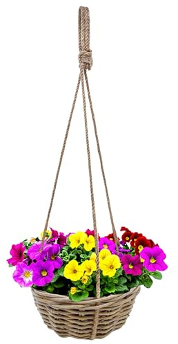 Rottan, blomampel, shabby chic med folie – 30 cm – pil hängampel med natursnöre för upphängning – växtkorg, blomkorg, växtskål, blomskål, hängande kruka blommor, dekoration för trädgård, terrass
