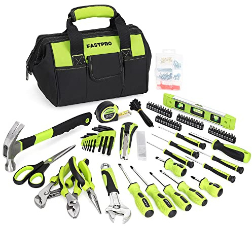 FASTPRO 220-Piece Home Tool Set, Household Repairing Tool Kit, with 12-Inch Wide Mouth Open Storage Tool Bag, Green