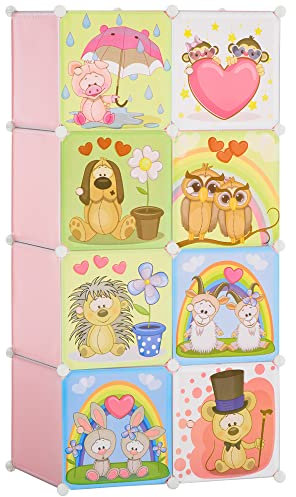 HOMCOM Mobile Scarpiera Modulare Armadio Componibile Salvaspazio Portascarpe con Disegni Animali per Interni, 8 Cubi 35x45x35cm in Plastica PP e Acciaio, 74x47x144cm, Rosa