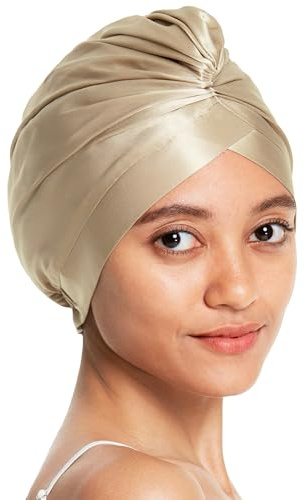 LilySilk 100% Maulbeerseide Schlafmütze für lockiges Haar Seide Bonnet Nacht Schlafmütze Kopfbedeckung Haarwickel für Frauen mit elastischem Band，Braun