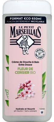 Le Petit Marseillais | Crème de Douche & Bain Extra Douce Fleur de Cerisier Bio (flacon de 650 ml) – Gel douche avec 92% d'ingrédients d'origine naturelle – pH neutre pour la peau et sans colorant
