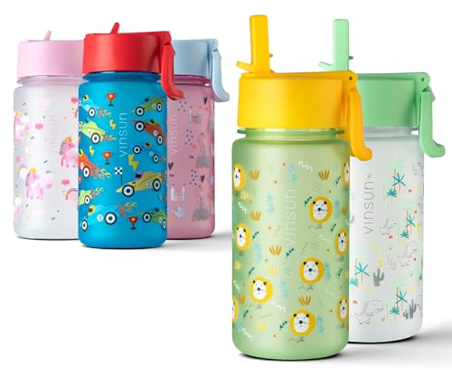 VINSUN Trinkflasche Kinder 500ml - Strohhalm Deckel, auslaufsicher, BPA frei, Kohlensäure geeignet, Tritan - grüne Wasserflasche mit Löwen für Kindergarten, Schule