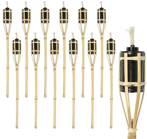 Harbour Housewares Bamboo Fire Torches - 60cm - Natural - 12x Garden Lighting Traditional Tiki Torches Outdoor Paraffin Oil Lamp Candle Flame Lantern with Removable Screw Top