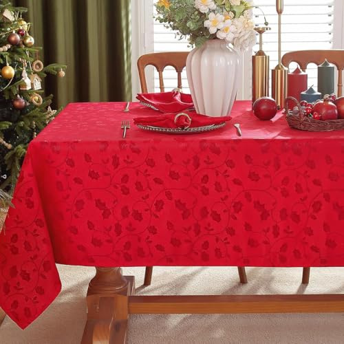 SASTYBALE Tovaglia natalizia rettangolare, in tessuto jacquard, resistente alle fuoriuscite e alle pieghe, con motivi di foglie di agrifoglio, per sala da pranzo e decorazioni per le vacanze (rosso,