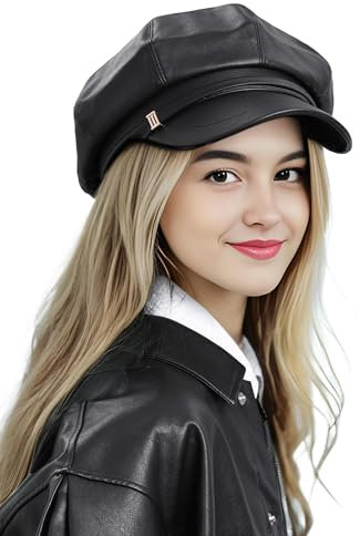 AIEOE Kunstleder-Kappen für Damen, verstellbares Visier, Baskenmütze, achteckig, Gatsby, Cabbie, Paperboy, Malerhut, Mädchen, Damen, Bäckerhut, Schwarz , Einheitsgröße