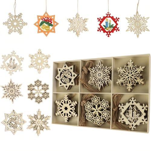 MHwan Fiocchi di Neve per Albero di Natale, 30 Pezzi Decorazioni Albero di Natale In Legno Naturale, Artigianato Fai-Da-Te Robusti Durevoli,Colorazione Reversibile per Realizzare Fiocchi di Neve Unici