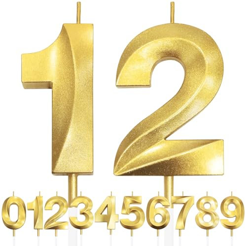 12th Bougie D'anniversaire à Paillettes Dorées au Design 3D, Bougies Numérotées pour 90e, Décorations de Dessus de Gâteau, Bougie de Gâteau pour Fête D'anniversaire, Anniversaire de Mariage