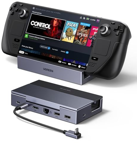 UGREEN Steam Deck Dock (6-in-1), 4K@120Hz HDMI, 100W PD, 1Gbps Ethernet, USB-A & C Ports, Adjustable & Foldable Aluminum Stand, Detachable USB-C Cable for Steam Deck (OLED), ROG Xbox Ally X, Legion Go