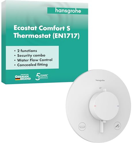 hansgrohe Ecostat Comfort S - Thermostat Concealed with Security Combination, Thermostatic Mixer with Safety Stop at 40 °C, Thermostat Round, Mixer tap for 2 Functions, matt White, 33718700