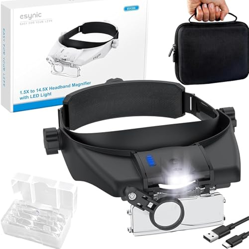 eSynic 13X Lunettes Loupe Grossissante avec Sac de Rangement avec Lampe LED Loupe Serre-tête Rechargeable 5 Lentilles 1,5X à 3,5X Détachable Bandeau pour Travail de Précision Réparation Couture - Noir