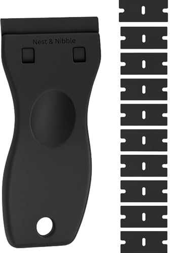 Nest & Nibble Plastic Scraper Tool Non Scratch with Blades Multipurpose Glass Scraper for Stickers Labels Decals Caulk Paint Residu, Adhesive, Paint Removal Glass Windows (Plastic Scraper & 10Blade)