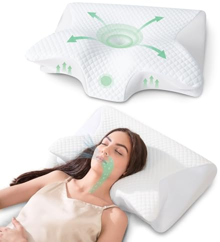 FEYIDEO Almohada Cervical, 2 en 1 Almohada Ergonómico de Espuma Viscoelástica Almohadas para Cuello Dormir de Lado, Boca Arriba y Boca Abajo, 60x40x12/14cm (Blanco)