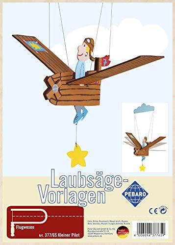 Pebaro 377/6S Laubsägevorlage Mobile Windspiel Kleiner Pilot, 3mm Sperrholz DIN A 4, Motiv vorgedruckt, aussägen mit Laubsägebogen, basteln, anmalen, fertig, Laubsägen, Basteln mit Holz, Geschenkidee