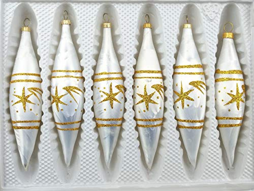 6 TLG. Glas-Zapfen Set in Ice Weiss Gold Komet - Christbaumkugeln - Weihnachtsschmuck-Christbaumschmuck