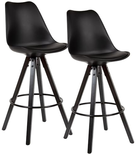 Wohnling 2er Set Barhocker Schwarz Kunstleder/Massivholz, Design Barstuhl Skandinavisch 2 Stück mit schwarzen Beinen, Tresenhocker mit Lehne Sitzhöhe 77 cm