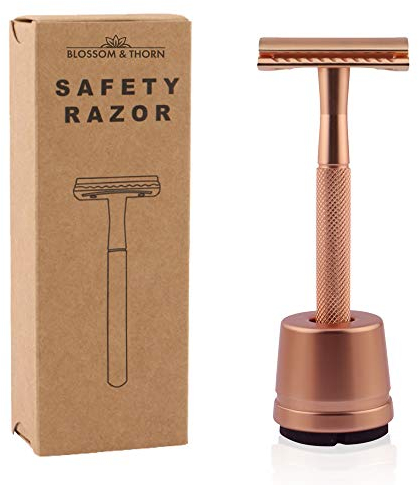 Rasierhobel Damen, Safety Razor mit Ständer und Rasierklinge, Rasierhobel Frauen, Zero Waste Rasierer (Rosé)