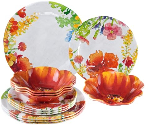 UP Vajilla de melamina de 12 piezas, incluye platos de cena, platos de ensalada, cuencos, servicio para 4. (Floral)