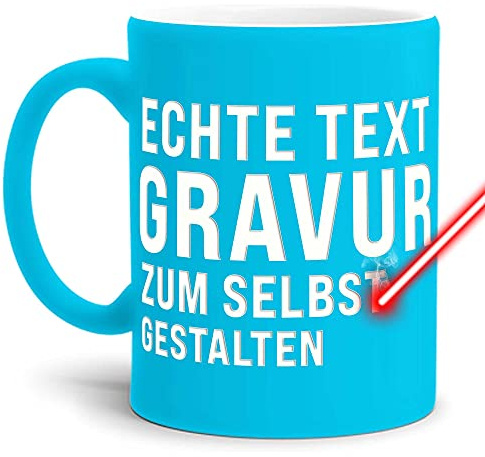 Tasse mit Gravur selbst gestalten - mit eigenem Wunschtext oder Wunschname gravieren - Keramiktasse matte Oberfläche - hellblau, 300 ml | Personalisiert mit Lasergravur