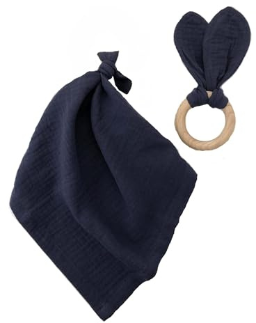 MilkMama Set aus Schmusedecke und Hasenohren-Beißring für Baby, 100% Bio-Baumwolle, Musselin Stoff, Beißring aus Holz für Babys Blau
