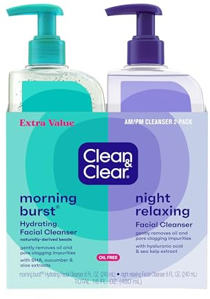 Clean & Clear Morning Burst® Hydrating Facial Cleanser and Night Relaxing Facial Cleanser, Deep Cleansing Face Wash, Oil-Free Daily Facial Cleanser, 2 Pack, 2 x 8 fl. oz