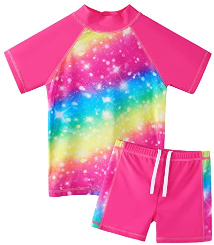 ZNYUNE Fille Maillot de Bain Imprimé 2 Pièces Enfant Rash Guard Anti-UV S399 T-Rainbow 10A