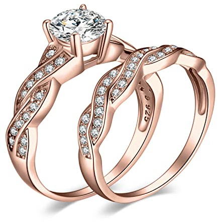JewelryPalace Infinito Anillo Plata Mujer 1.3ct Circonita Corte Redonda, Anillo de Compromiso Solitario Oro Rosa Diamante Simulado, Anillo Promesa Banda de Boda Vintage Piedra, Conjunto Joyas Novia 22