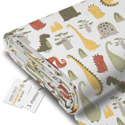 DreamRoots Markisenstoff Meterware, Cartoon Style Dinosaur, 1 m | Oxford Segeltuch wasserdicht, Polsterstoff, 220 g/m² 600D, 160 cm breit, Kinderstoff, für Deko & Nähen