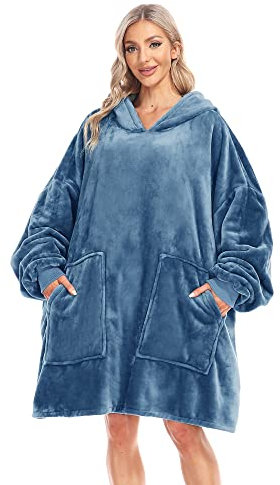 Kipswiza Decke Hoodie – tragbare Decken, übergroße, weiche, gemütliche Flanell-Sweatshirt-Decke mit Ärmeln und riesigen Taschen für Erwachsene, Damen, Herren, Familie, Freunde, bläulichgrau