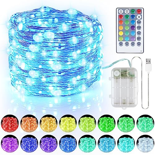 StarryEver Bunt LED Lichterkette Innen Batterie & USB, 16 Farben 4 Modi Kupferdraht Lichterkette für Zimmer mit Fernbedienung Timer, 5M 50 LED Lichterkette Batteriebetrieben für Schlafzimmer Party (1)