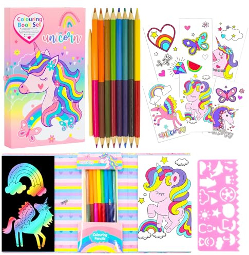 PinkSheep Einhorn-Malblock-Set für Mädchen, Einhorn-Malbuch mit 30 Malvorlagen/10 Regenbogen-Kratzpapier/16 Buntstifte zum Malen, Reise-Mal-Set für Kinder im Alter von 3-12 Jahren