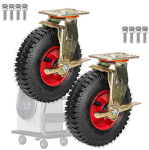 WORDFUN Luftreifen Gummi Rollen, 2 Schwerlastrollen, Mit Bremse, Mit Armaturen, Ø 200/250 Mm, Industriell Rad, Geeignet Für Jeden Boden,Keine Kratzer, Für Transportwagen Reifen Ersatz