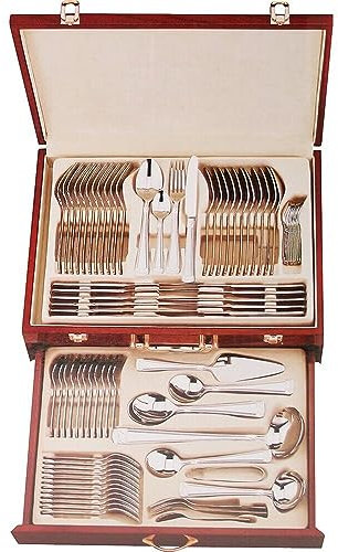 NEW 95PC CUTLERY SET WOODEN CASE KITCHEN RESTAURANT SPOONS SILVER STYLISH DESIGN