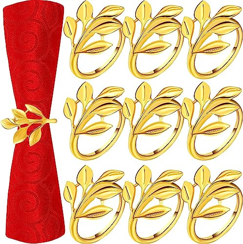 Serviettenringe 12 Stück Gold Rund Blattform Serviettenring Set Metall Serviettenringe Tisch Serviettenhalter Universal Serviettenschnallen für Hochzeitsfeier Abendessen Jubiläum Tischdekoration