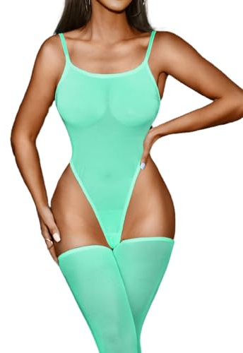 Kaei&Shi High Cut Bodysuit & Thigh High,Sheer Mesh Spaghetti Strap Sexy Tops Women,Low Back Snap Body Suit Rave Festival Club,Mint Green,Medium