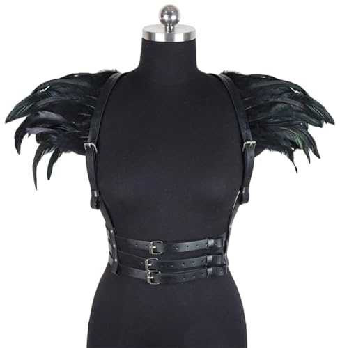 Leder Federkragen, Gotic Federumhang mit Leder Body Harness Verstellbarer Leder Gürtel Federn Schultern Halloween Maleficent Kostüm für Frauen Feder Epaulettes Shrug Schulterumhang Cape Cosplay