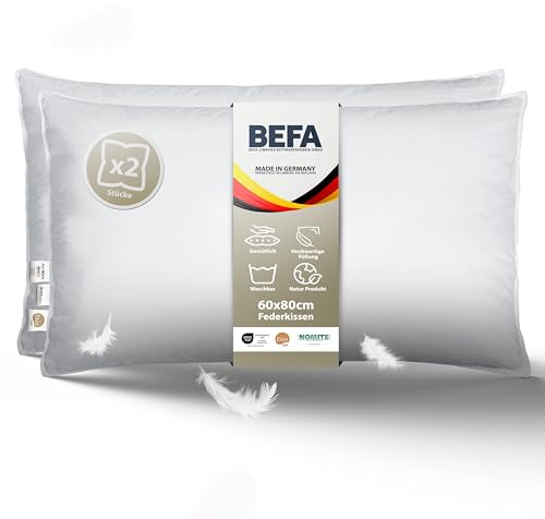 BEFA NATUR Almohada de Plumas 80x80 cm | 100% Plumas | 1500g Peso de Relleno (2 Piezas, 60x80 cm)