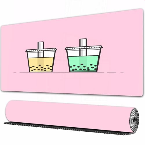 EOMKSE Mauspad Verlängertes großes Mauspad Schreibtischauflage,genähte Kanten Mauspad,Gummibasis,Green Cute Bubble Tea Party Essen Trinken Kawaii Pink Getränk Happy Cockt,Gaming-Mauspad,30x80 cm