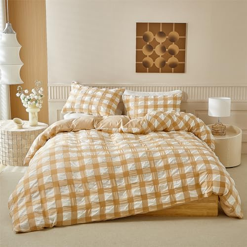 YASMENG Biancheria da letto in seersucker, 135 x 200 cm, 4 pezzi, beige e bianco, a quadri, morbida e traspirante, in microfibra, moderna, set con chiusura lampo e 2 federe da 80 x 80 cm