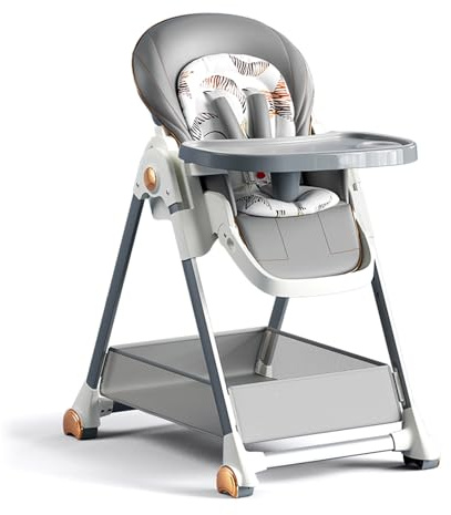 Nine point nine PU-Leder Hochstuhl Baby, Umbaubarer Klappbarer Hochstuhl mit Liegefunktion, Kinderhochstuhl 6 Höhen 3 Liegepositionen, Baby Essen Stuhl Abnehmbaren Doppeltabletts Rädern (808 Grey)