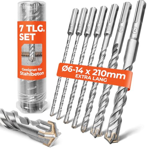 BAUBECK SDS Plus Bohrer Set für Beton [7tlg - Ø6-14 & 210mm lang] 4 Schneiden - Langlebige Betonbohrer aus 40CR Stahl für Präzise Ergebnisse - Bohrer Set Beton Schlagbohrer SDS Bohrer Stein