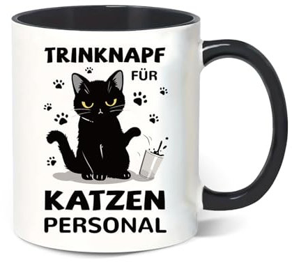Schwarze Katze Kaffeetasse mit Spruch „TRINKNAPF FÜR KATZEN PERSONAL“ – 330ml, Perfekte Geschenkidee für Katzenfreunde – Lustige Katzen Geschenk-Tasse für Zuhause oder Büro