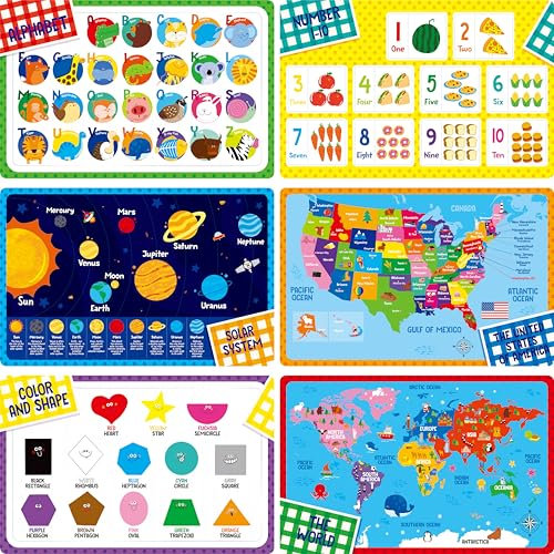Set de 6 Manteles para Niños, Antideslizantes, Lavables y Reutilizables, Temáticos Educativos de Alfabeto, Números, Formas y Colores, Universo, Mapa para el Hogar, Jardín de Infancia, Aula, Guardería