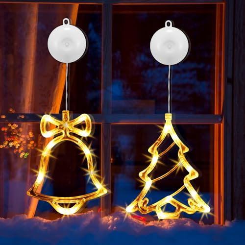 Lumiere Noel Led Decoration Fenetre Lumineuse Guirlande 2 Pièces Fenêtre Noël Lumière Cloches et Sapin Interieur Eclairage pour le Réveillon de Noël, le Nouvel An, les Fêtes