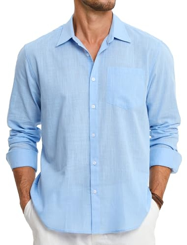 HISDERN Men's Long Sleeve Linen Shirt Lightweight Regular Fit Button Casual Summer Shirts with Pocket Light Blue XL